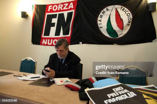 Attilio Carelli of Fiamma Tricolore party attends a rally at the Esedra Palace Hotel on February 25, 2018 in Naples, Italy. The Italian general...