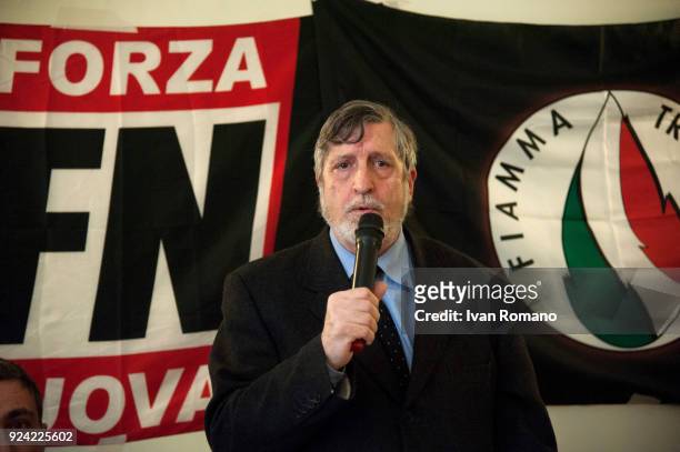Attilio Carelli of Fiamma Tricolore party speaks at a rally at the Esedra Palace Hotel on February 25, 2018 in Naples, Italy. The Italian general...