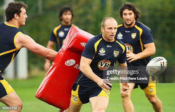 Captain of the VB Kangaroos Darren Lockyer in action during a training session for the Australian Rugby League team at Leeds Rhinos Training Ground...