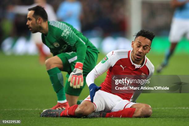 Manchester City goalkeeper Claudio Bravo in action with Pierre-Emerick Aubameyang of Arsenal during the Carabao Cup Final between Arsenal and...