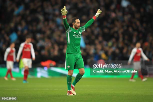 Manchester City goalkeeper Claudio Bravo celebrates during the Carabao Cup Final between Arsenal and Manchester City at Wembley Stadium on February...