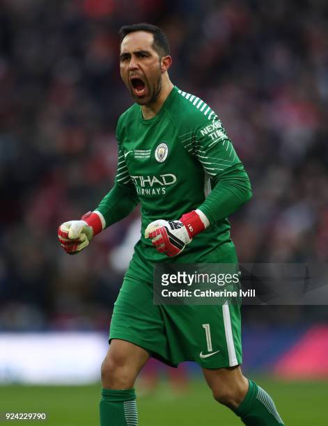 Claudio Bravo Manchester City celebrates during the Carabao Cup Final between Arsenal and Manchester City at Wembley Stadium on February 25, 2018 in...