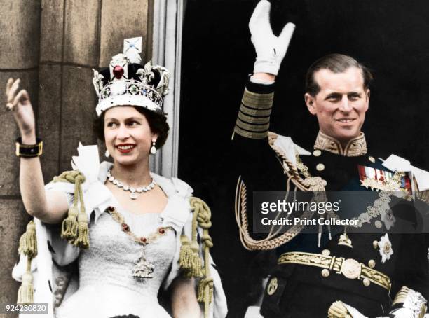 Queen Elizabeth II and the Duke of Edinburgh on the day of their coronation, Buckingham Palace, 1953. . Artist Unknown.