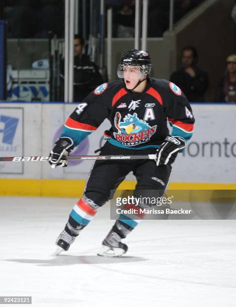 Tyson Barrie of the Kelowna Rockets skates against the Vancouver Giants at Prospera Place on October 24, 2009 in Kelowna, British Columbia, Canada.