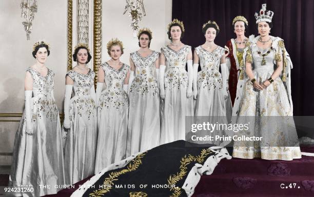 Queen Elizabeth II with her maids of honour, Green Drawing Room, Buckingham palace, 2nd June 1953. In selecting six Maids of Honour instead of pages...