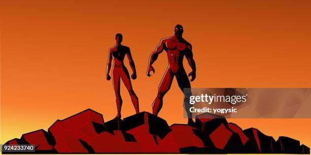 vector african superhero couple silhouette illustration - child superhero shadow stock illustrations