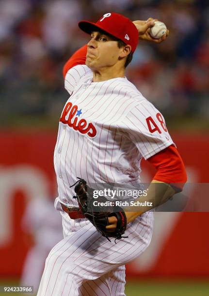 Jerad Eickhoff of the Philadelphia Phillies in action against the New York Mets during a game at Citizens Bank Park on April 10, 2017 in...