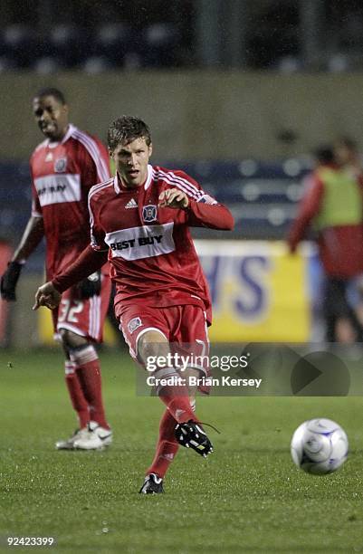 Logan Pause of the Chicago Fire kicks the ball against Chivas USA during the first half at Toyota Park on October 22, 2009 in Bridgeview, Illinois....