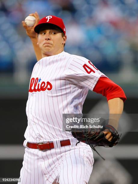 Jerad Eickhoff of the Philadelphia Phillies in action against the New York Mets during a game at Citizens Bank Park on April 10, 2017 in...