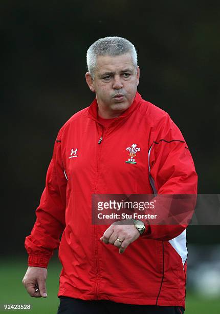 Coach Warren Gatland looks on during Wales training at the Vale Resort on October 28 ,2009 in Cardiff, Wales.