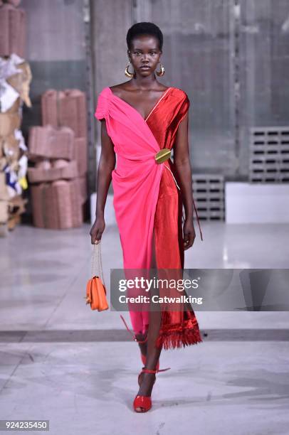 Model walks the runway at the Marni Autumn Winter 2018 fashion show during Milan Fashion Week on February 25, 2018 in Milan, Italy.