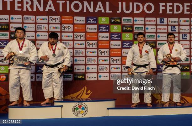 The unprecedented situation for the over 100kg medallists L-R: Silver; Hisayoshi Harasawa and Takeshi Ojitani after both were disqualified in the...