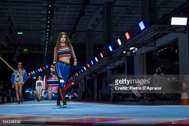 Luna Bijl walks the runway at the Tommy Hilfiger show during Milan Fashion Week Fall/Winter 2018/19 on February 25, 2018 in Milan, Italy.