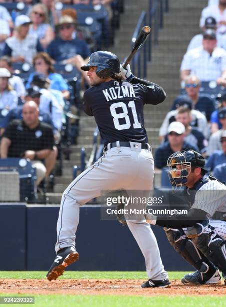 Pete Kozma of the Detroit Tigers bats during the Spring Training game against the New York Yankees at George M. Steinbrenner Field on February 23,...