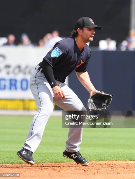 Pete Kozma of the Detroit Tigers fields during the Spring Training game against the New York Yankees at George M. Steinbrenner Field on February 23,...