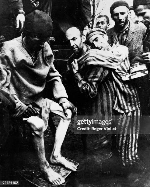 World War II. A Frenchman and three Spanish men who survived the Wöbbelin concentration camp driven to the hospital, on May 6 after their liberation...