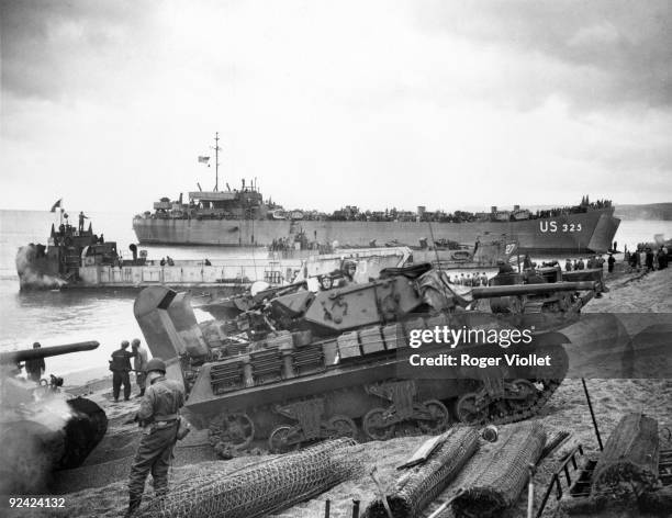 World War II. Preparation of the landing in Normandy. Loading of landing crafts in an English harbour.