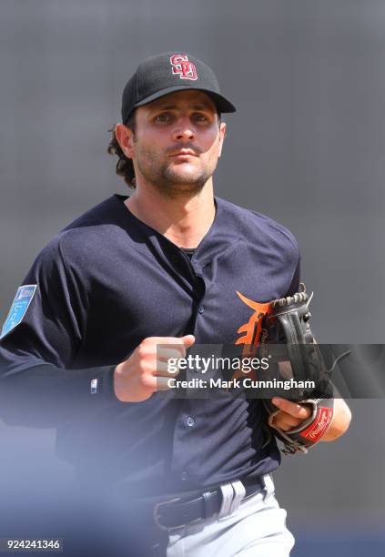 Pete Kozma of the Detroit Tigers looks on during the Spring Training game against the New York Yankees at George M. Steinbrenner Field on February...