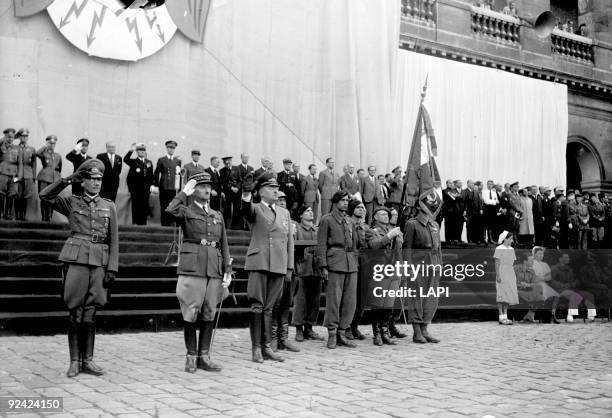 World War II. Celebration of the second anniversary of the Legion of French Volunteers against bolshevism at the Invalides, with French and German...