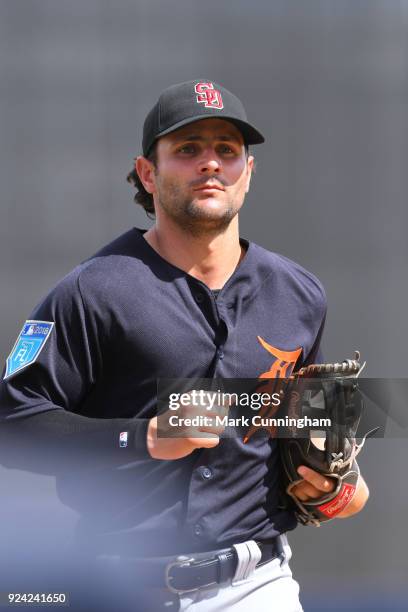 Pete Kozma of the Detroit Tigers looks on during the Spring Training game against the New York Yankees at George M. Steinbrenner Field on February...