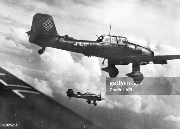 World War II. German Luftwaffe Junkers Ju-87B-2 Stuka close air support dive bombers in formation somewhere over Europe January 1943.