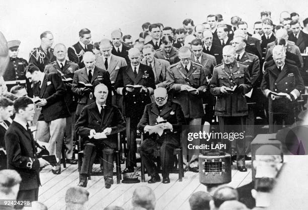 Church service during the Atlantic Conference aboard the "Prince of Wales" during which was elaborated the Atlantic Charter. Admiral King, Generals...