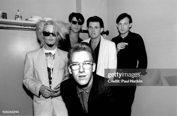 Portrait of the band Modern English backstage at the Park West in Chicago, Illinois, May 6, 1983. Counter clockwise from left, guitarist Gary...