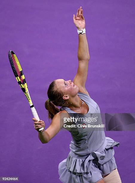 Caroline Wozniacki of Denmark serves against Victoria Azarenka of Belarus in their round robin match during the Sony Ericsson Championships at the...