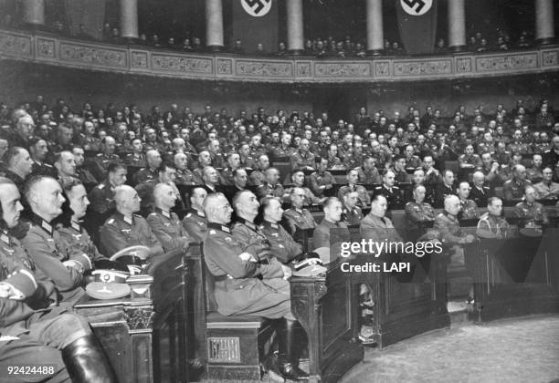 World War II. German personalities at the Chamber of Deputies. Centre, first row: Otto Abetz and Schleier. Paris, July 1940.