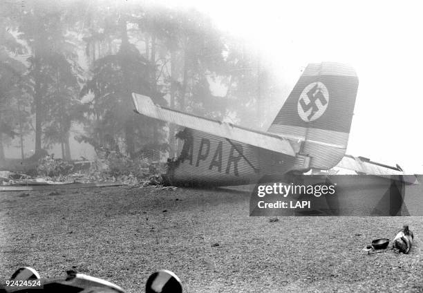 World War II. German "Junkers JU-52" plane shot down, 1940.