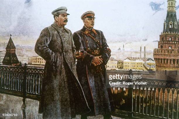 Joseph Stalin on the terrace of the Kremlin with Kliment Voroshilov, Soviet Marshal.