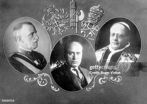 World War II. Victor-Emmanuel III , Mussolini and Pius XI . Composition commemorating the Lateran Treaty, 1929.