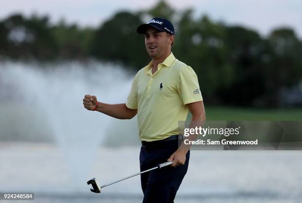 Justin Thomas celebrates winning The Honda Classic in a playoff over Luke List at PGA National Resort and Spa on February 25, 2018 in Palm Beach...