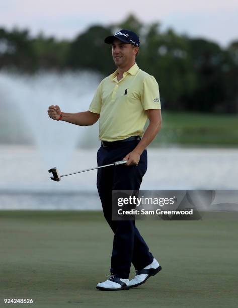 Justin Thomas celebrates winning The Honda Classic in a playoff over Luke List at PGA National Resort and Spa on February 25, 2018 in Palm Beach...