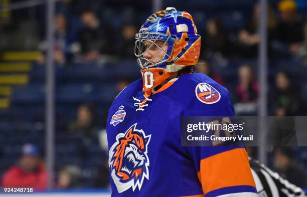 Kristers Gudlevskis of the Bridgeport Sound Tigers waits to a face off during a game against the Charlotte Checkers at the Webster Bank Arena on...