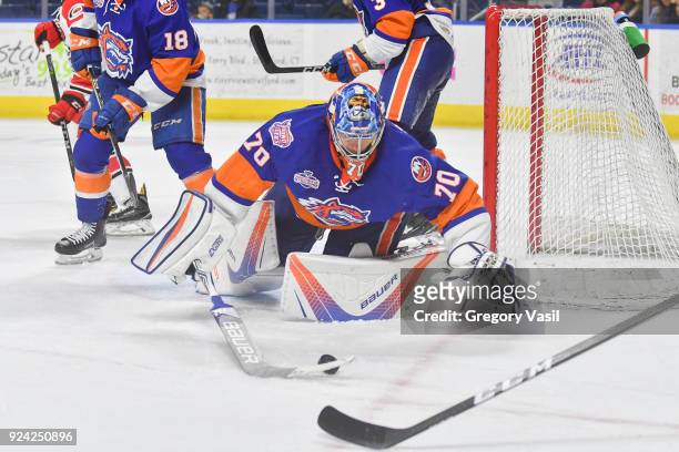 Kristers Gudlevskis of the Bridgeport Sound Tigers makes a save during a game against the Charlotte Checkers at the Webster Bank Arena on February...