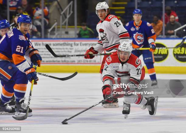 Andrew Poturalski of the Charlotte Checkers intercepts a pass during a game against the Bridgeport Sound Tigers at the Webster Bank Arena on February...