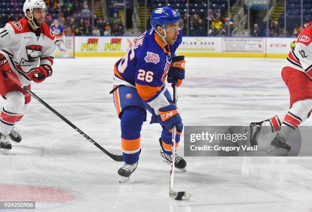 Josh Ho-Sang of the Bridgeport Sound Tigers looks to pass during a game against the Charlotte Checkers at the Webster Bank Arena on February 25, 2018...