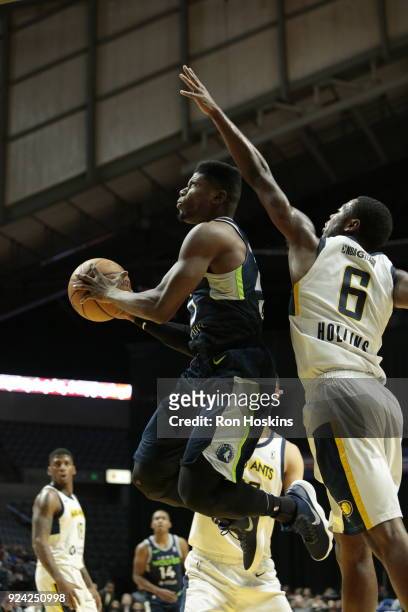 Tra-Deon Hollins battles Wes Washpun of the Fort Wayne Mad Ants of the Iowa Wolves on February 25, 2018 at Memorial Coliseum in Fort Wayne, Indiana....