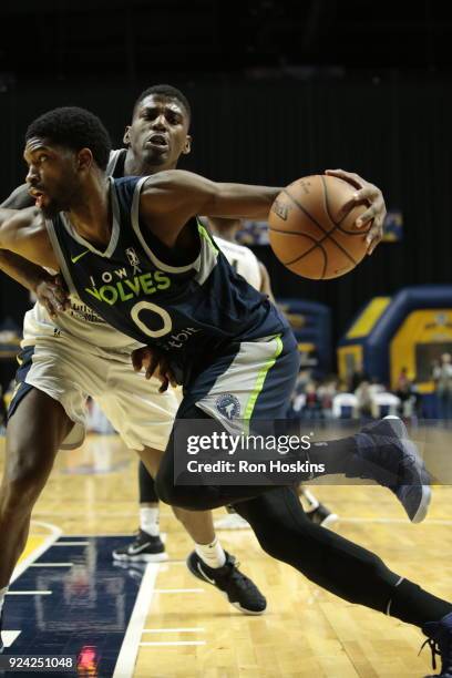 DeQuan Jones of the Fort Wayne Mad Ants battles Amile Jefferson of the Iowa Wolves on February 25, 2018 at Memorial Coliseum in Fort Wayne, Indiana....