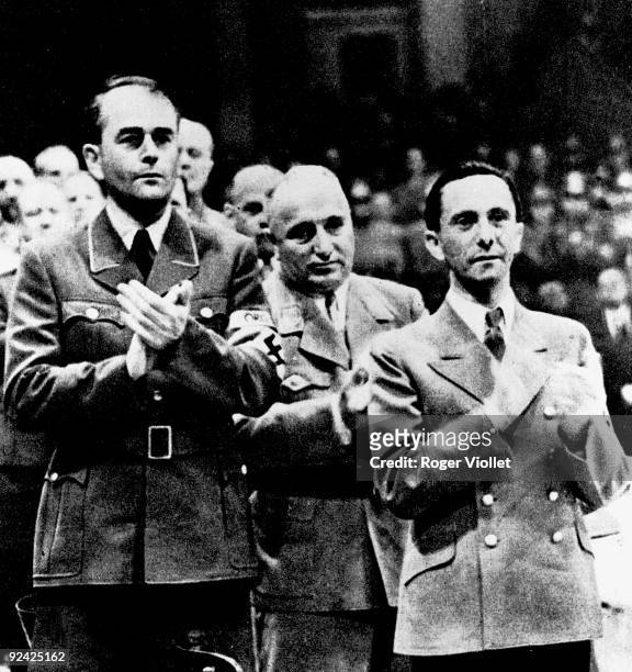 From left to right: Albert Speer , Reich minister, Robert Ley , leader of the Labour Front and Joseph Goebbels , German politician, 1943.