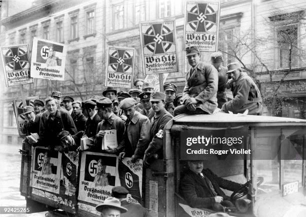 Germany. Beginning of nazism. Elections at the Reichstag. Lorry with posters of the German popular party in the streets of Berlin.
