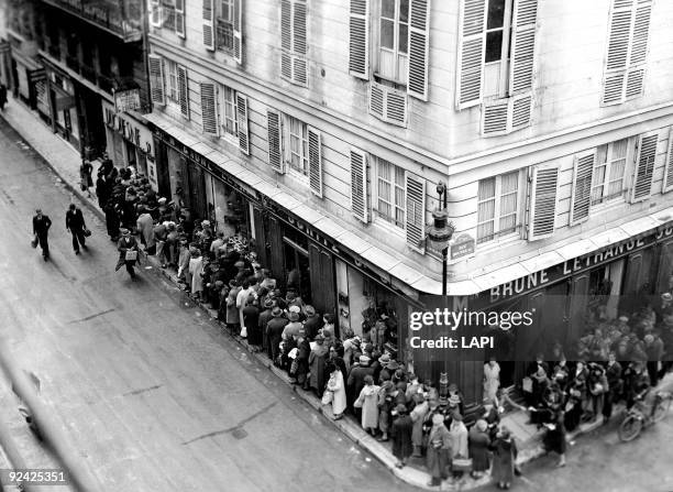 World War II. Queue in front of a shop selling dog biscuits. Paris, during the Occupation.