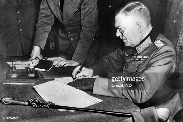 World War II. German Marshal Wilhelm Keitel signing the unconditional surrender of Germany. Berlin military academy , on May 9, 1945.