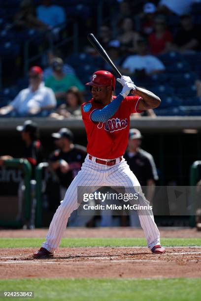 Nick Williams of the Philadelphia Phillies gets ready for the next pitch during the Spring Training game against the University of Tampa at Spectrum...