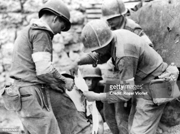 World War II. Italian front. American soldier injured in the area of Santa Maria Infanta, 1944.