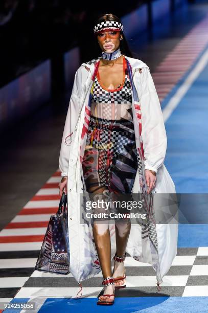 Model walks the runway at the TOMMYNOW by Tommy Hilfiger Spring Summer 2018 fashion show during Milan Fashion Week on February 25, 2018 in Milan,...