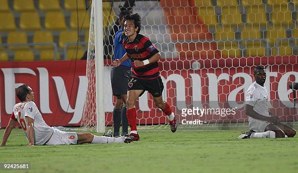 South Korea's Pohang Steelers player No Byung Jun celebrates after scoring against Qatari Umm Salal club during their AFC Champions League second-leg...