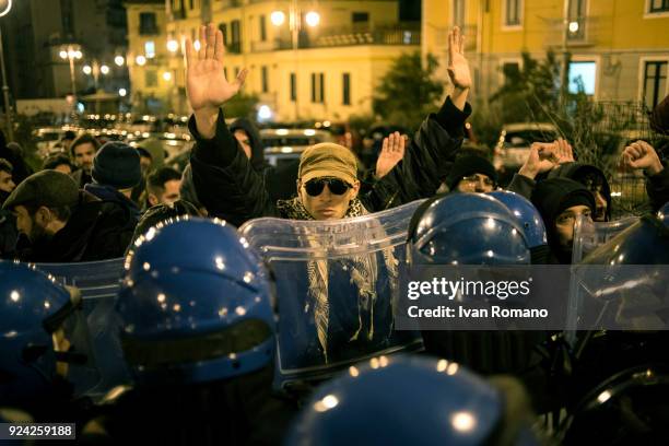 Anti-fascist demonstration during the political rally of Roberto Fiore, leader of the far-right party Forza Nuova on February 25, 2018 in Salerno,...