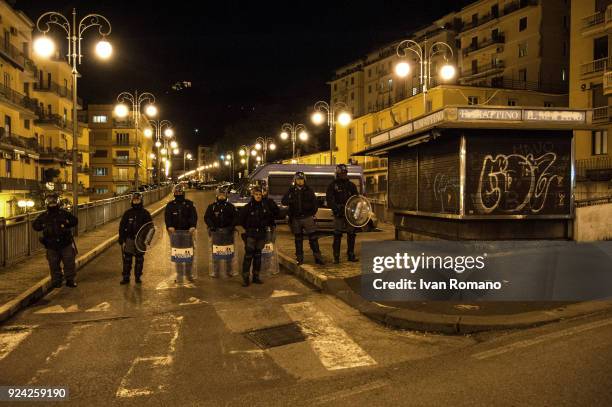 Anti-fascist demonstration during the political rally of Roberto Fiore, leader of the far-right party Forza Nuova on February 25, 2018 in Salerno,...